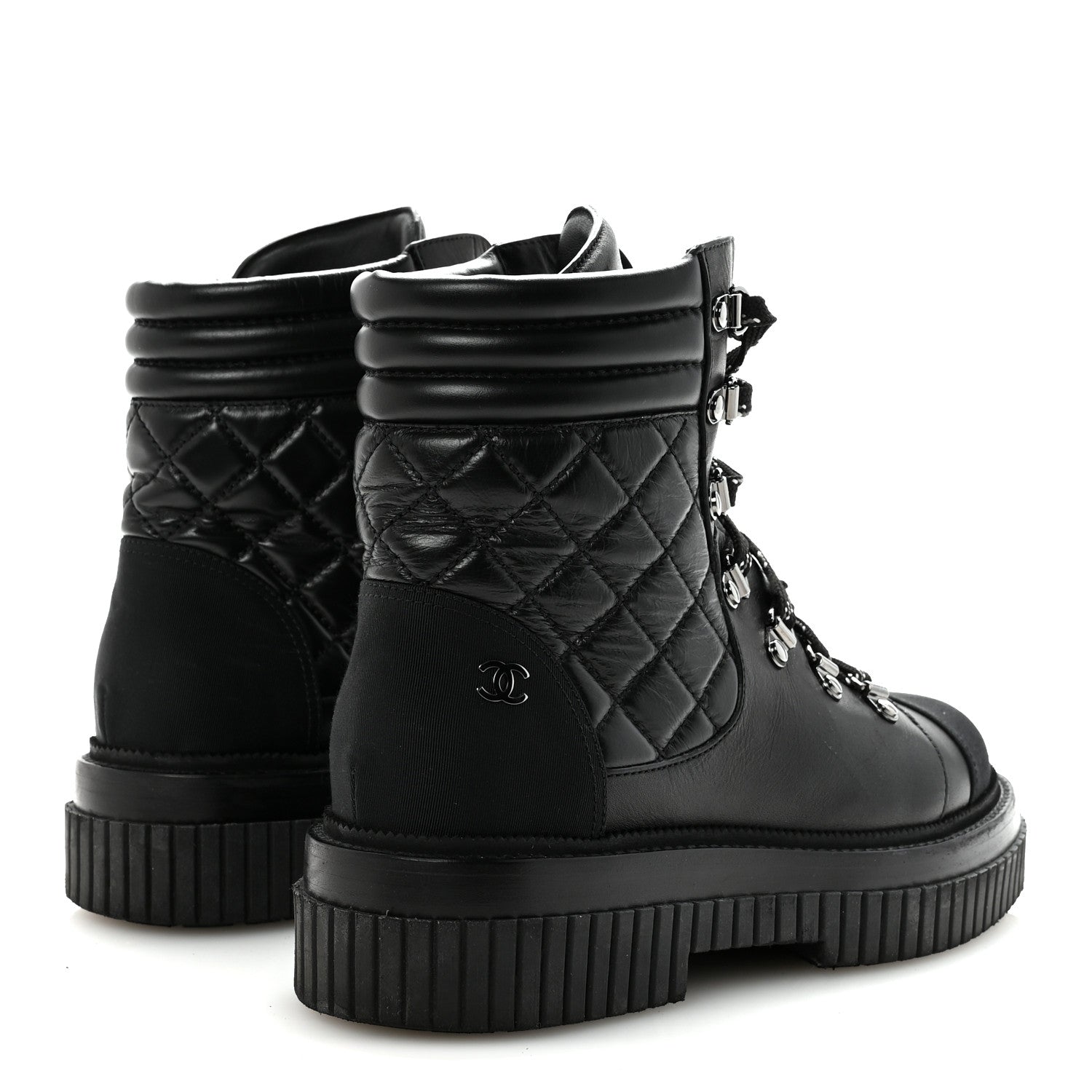 Chanel Calfskin Grosgrain Quilted Lace Up Boots 38.5 Black Grey 5 of 9
