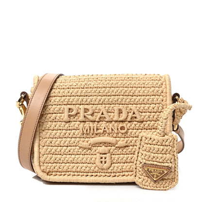 Prada Yarn Raffia Effect Crochet Logo Embroidered Flap Shoulder Bag Naturale 1 of 8