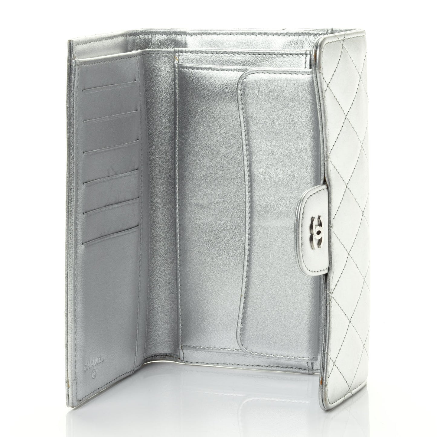 Metallic Lambskin Quilted Long Flap Wallet Silver