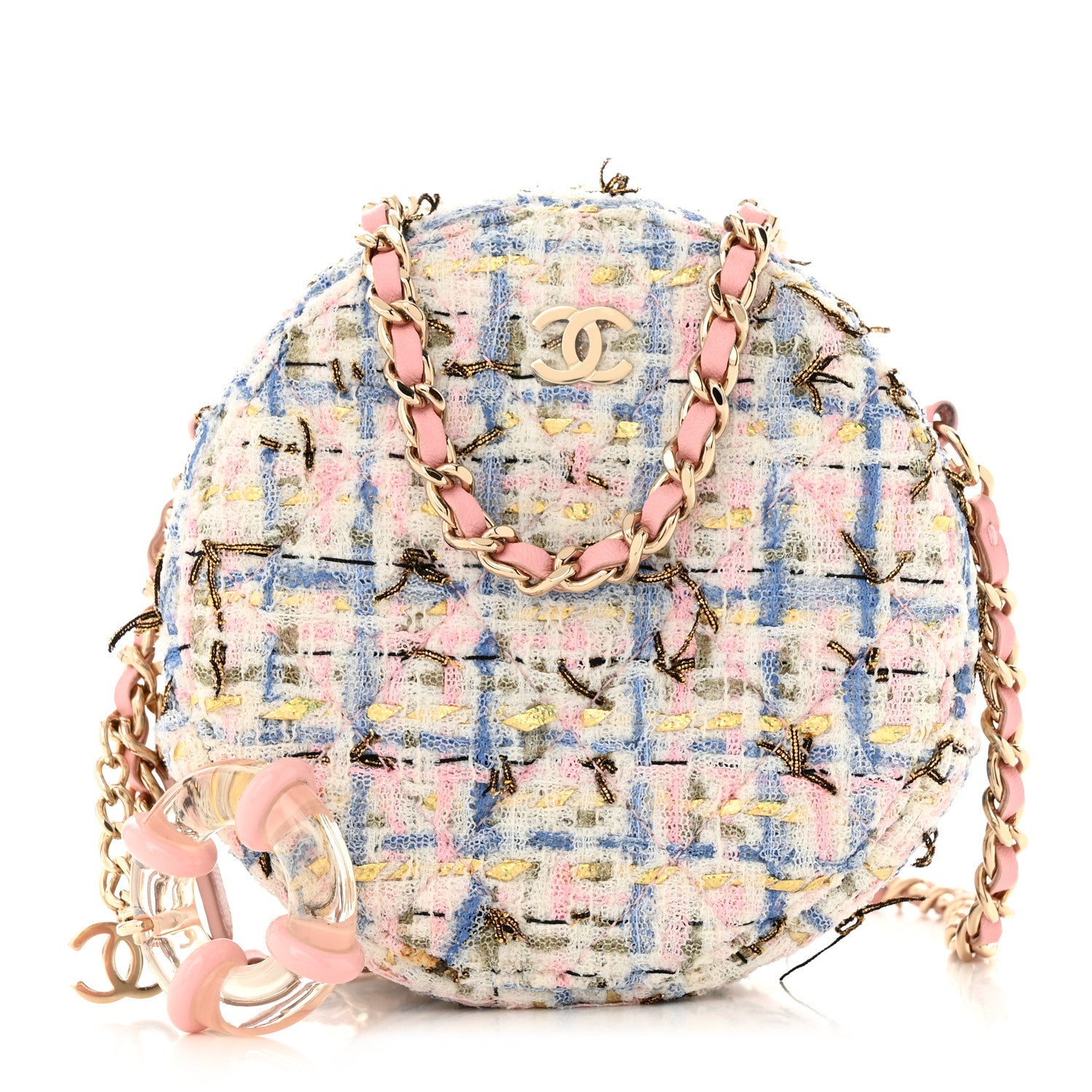 Chanel Tweed Quilted Round Clutch With Chain White Pink Multicolor 1 of 10