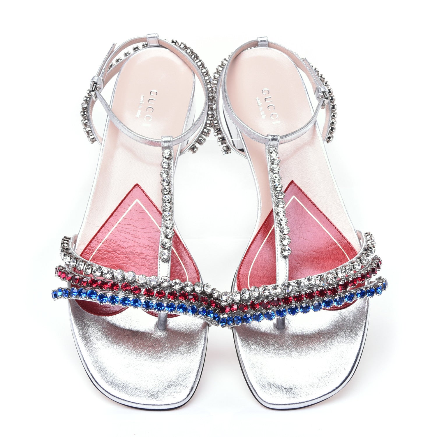 Gucci Nappa Silk Crystal Bertie T-Strap Low Heel Sandals 39 Argento 5 of 13