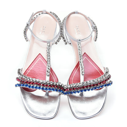Gucci Nappa Silk Crystal Bertie T-Strap Low Heel Sandals 39 Argento 5 of 13
