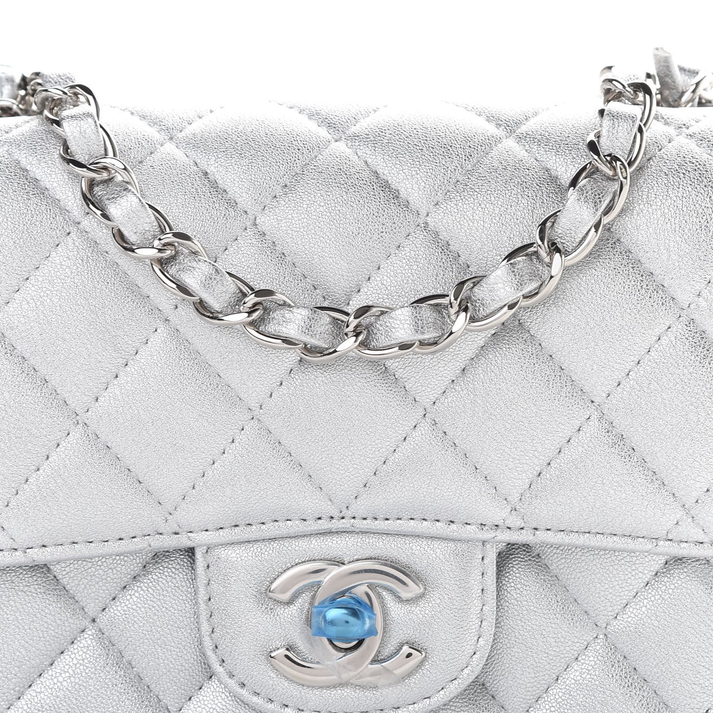 Metallic Lambskin Quilted Mini Square Flap Silver