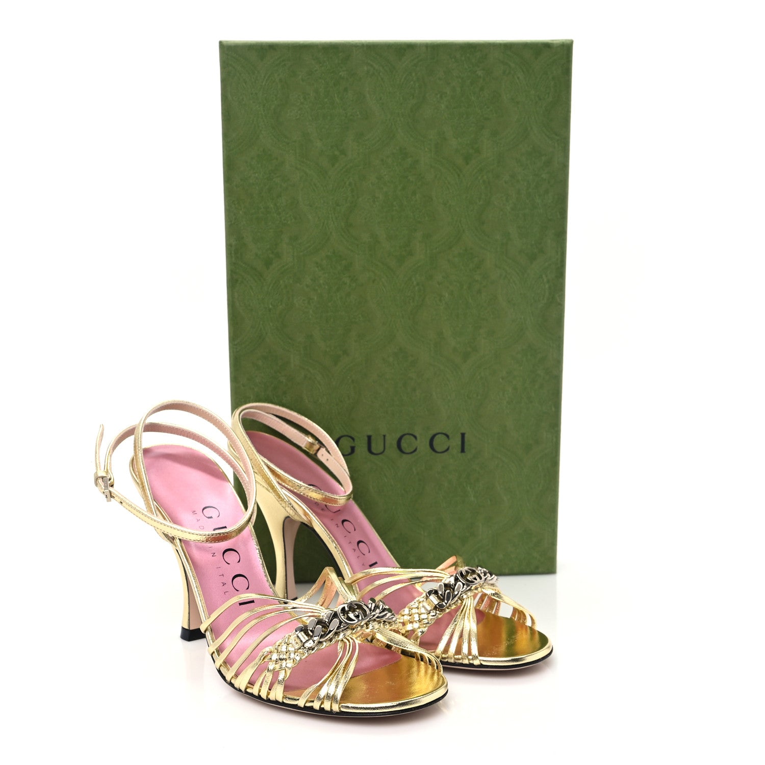 Gucci Metallic Nappa Silk Interlocking G Strap Sandals 35.5 Platino 9 of 9