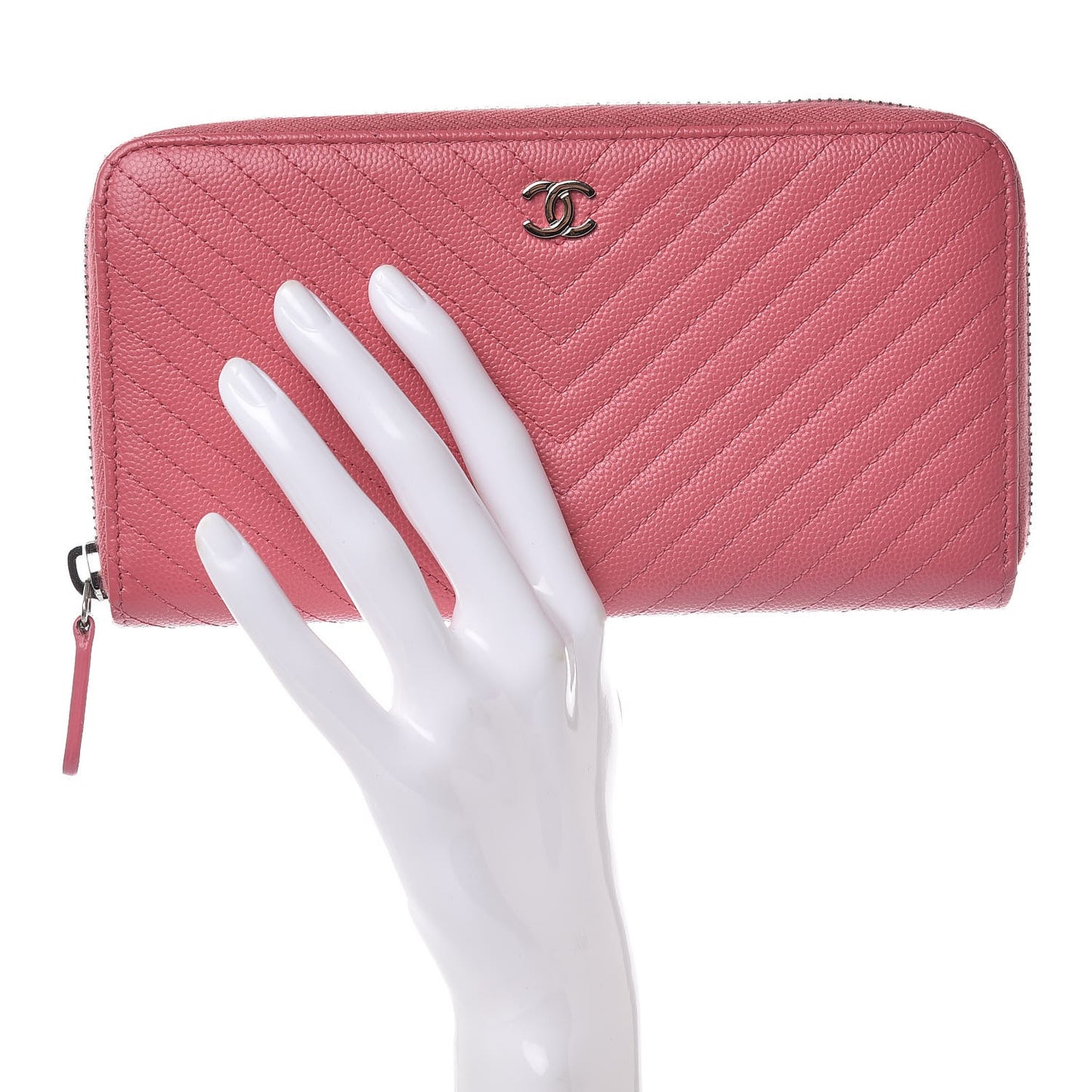 Caviar Chevron Large Gusset Zip Around Wallet Pink