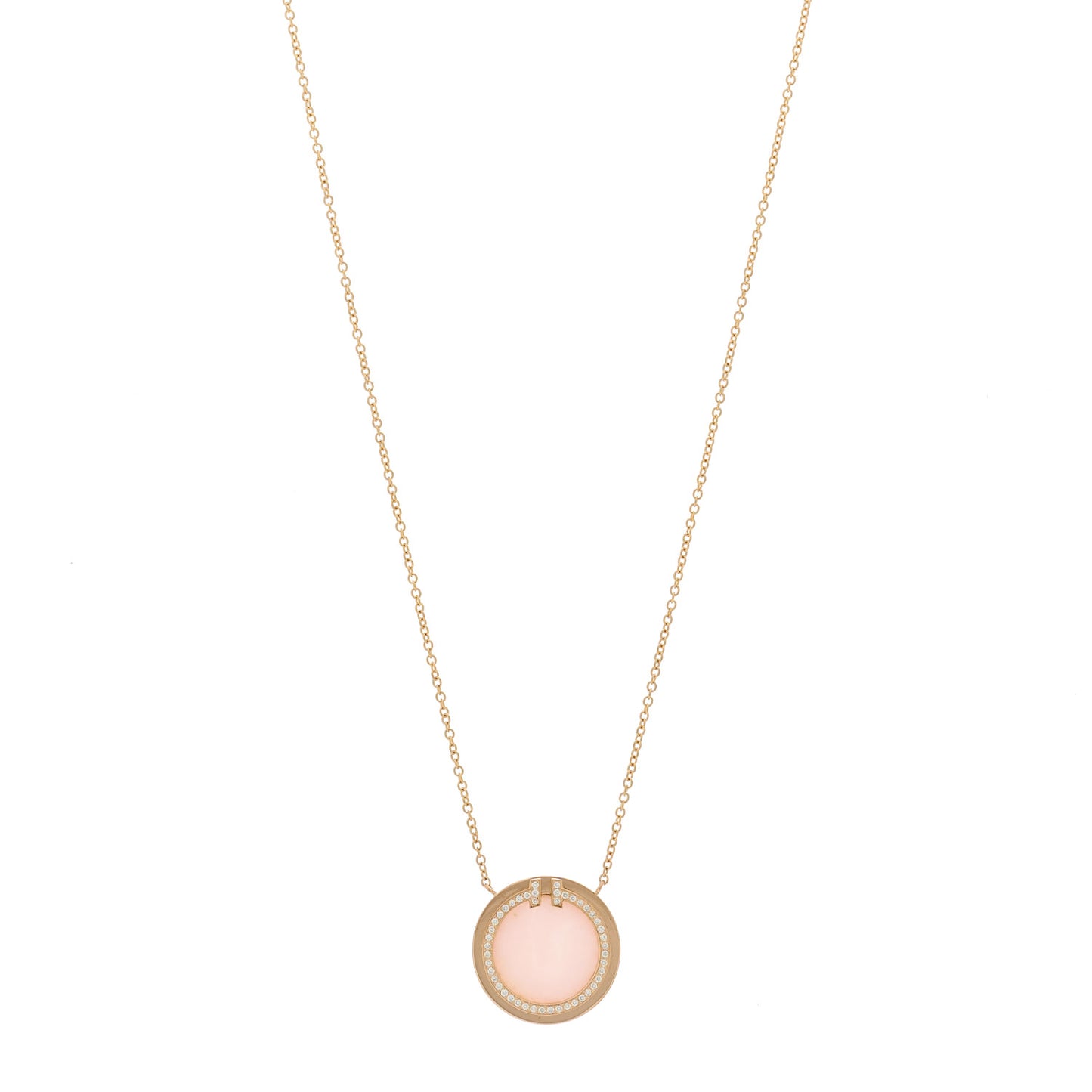 18K Rose Gold Diamond Pink Opal T Circle Pendant Necklace
