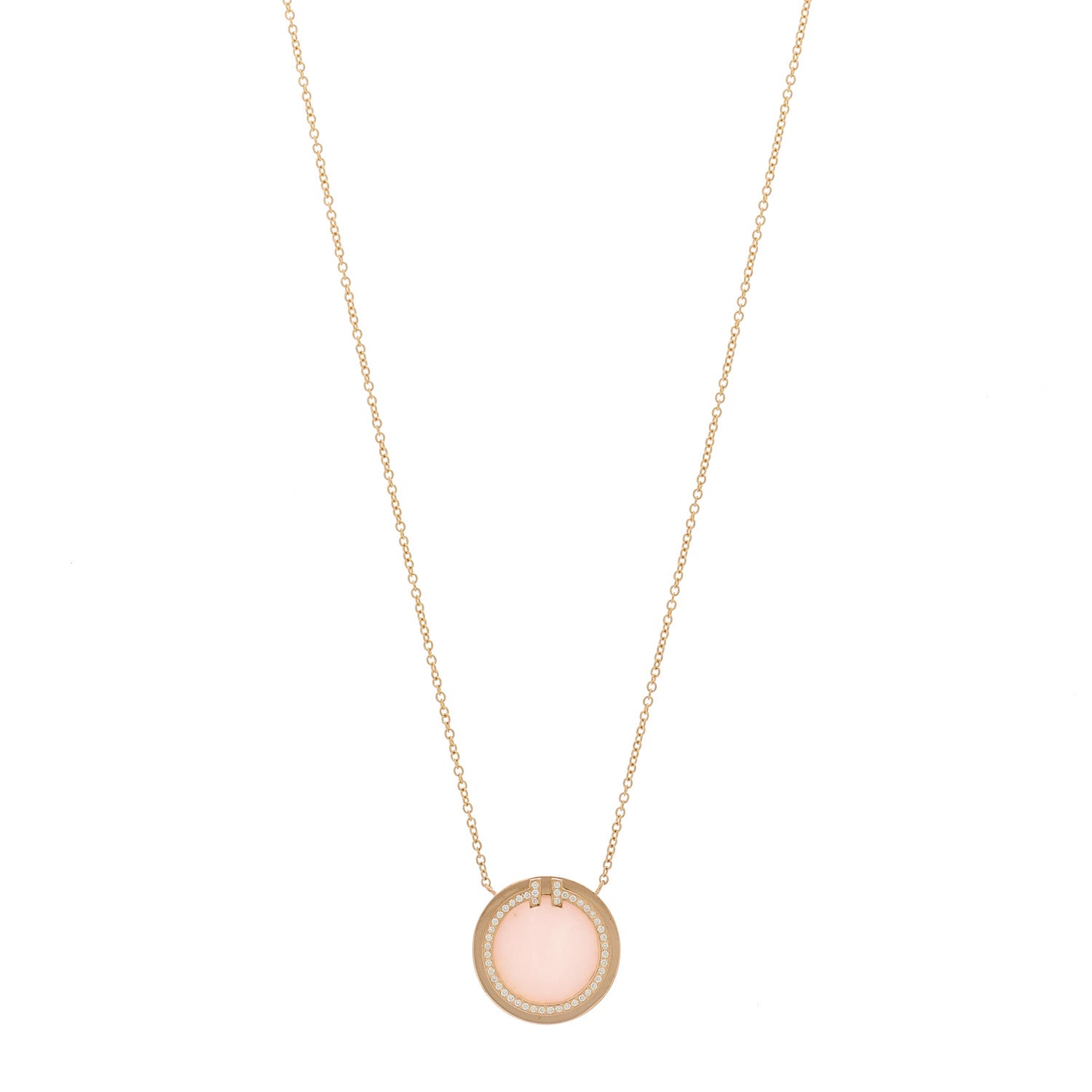 Tiffany 18K Rose Gold Diamond Pink Opal T Circle Pendant Necklace 1 of 6