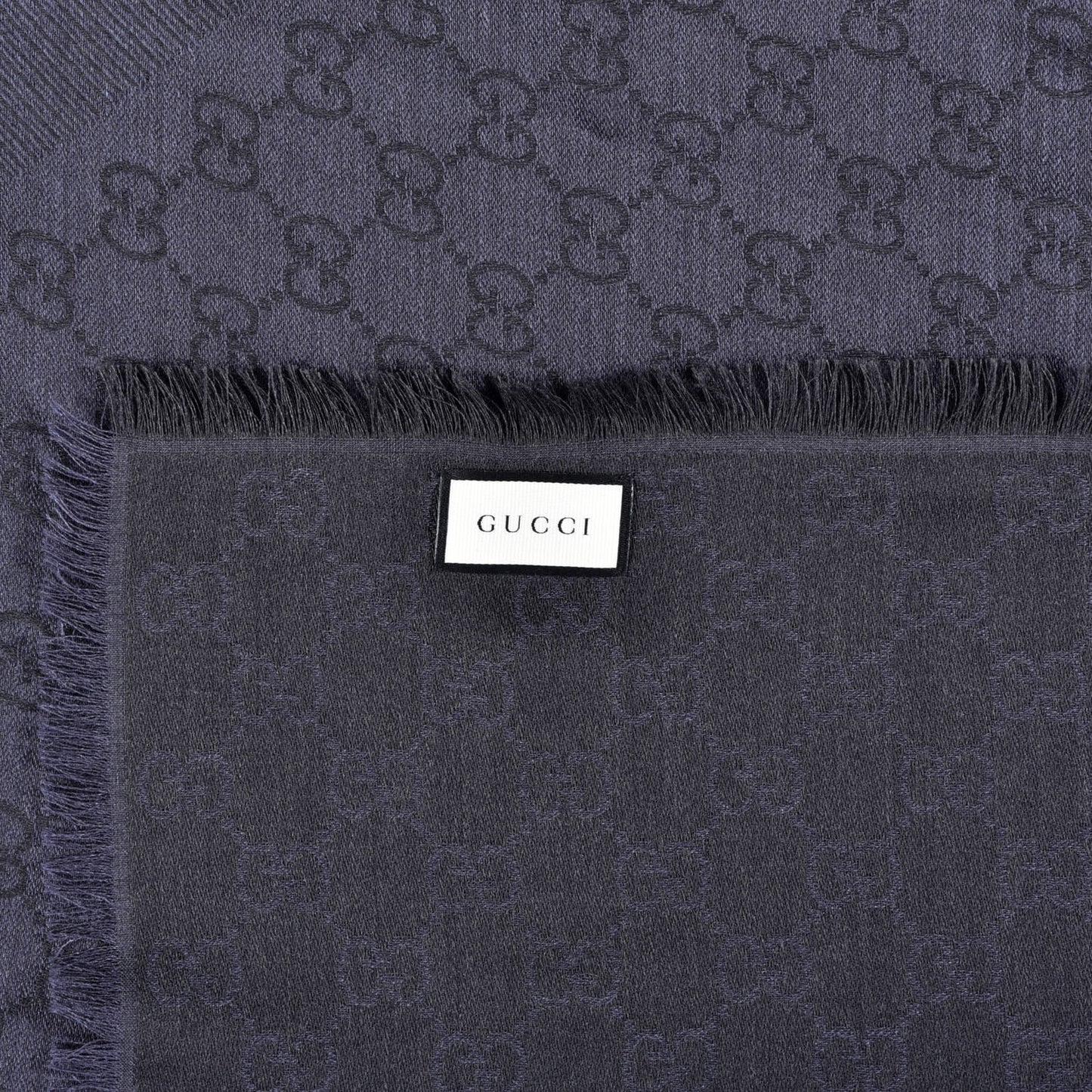 Wool Silk Monogram Fringe Shawl Dark Grey