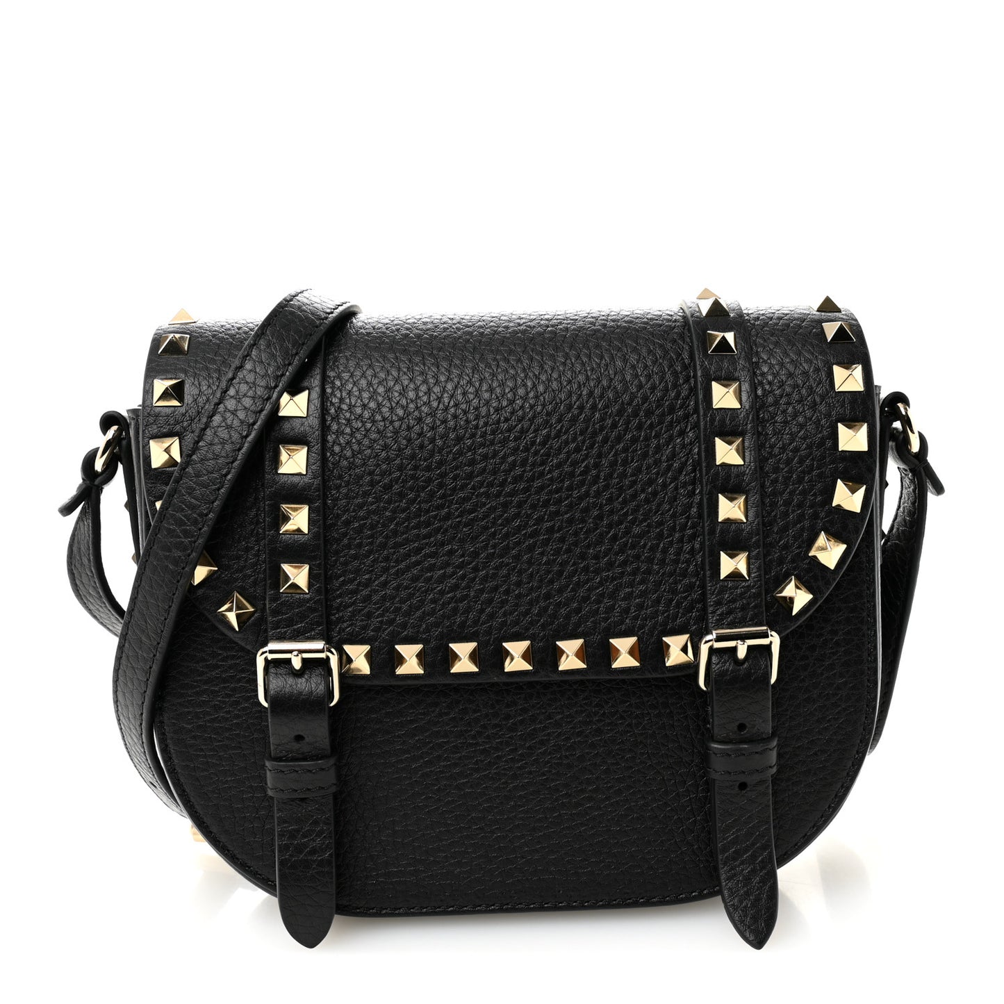 Grained Calfskin Rockstud Flap Messenger Black