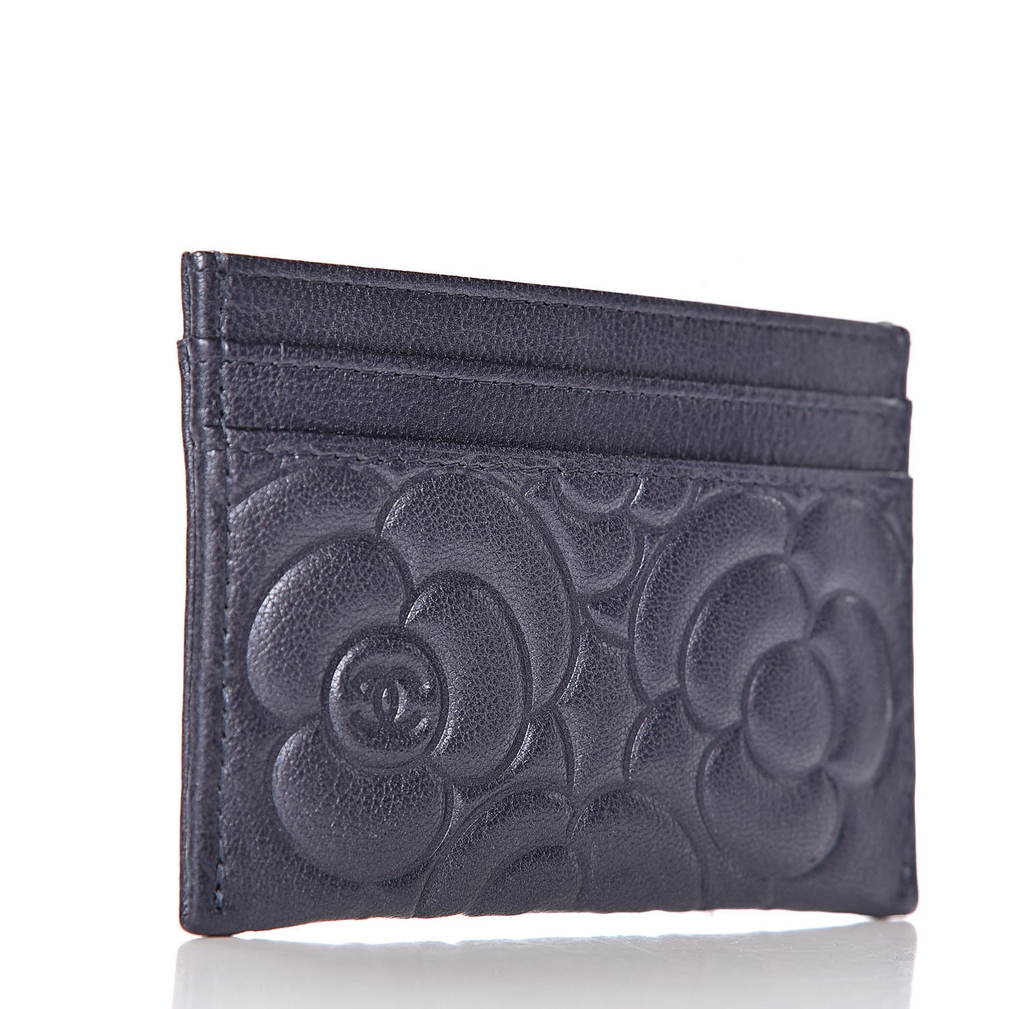 Goatskin Camellia Embossed Card Holder Dark Blue