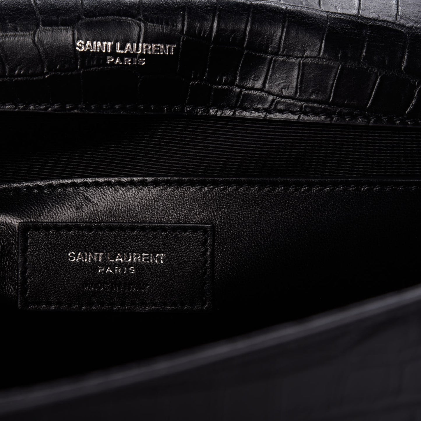 Calfskin Crocodile Embossed Large Classic Monogram Kate Satchel Black