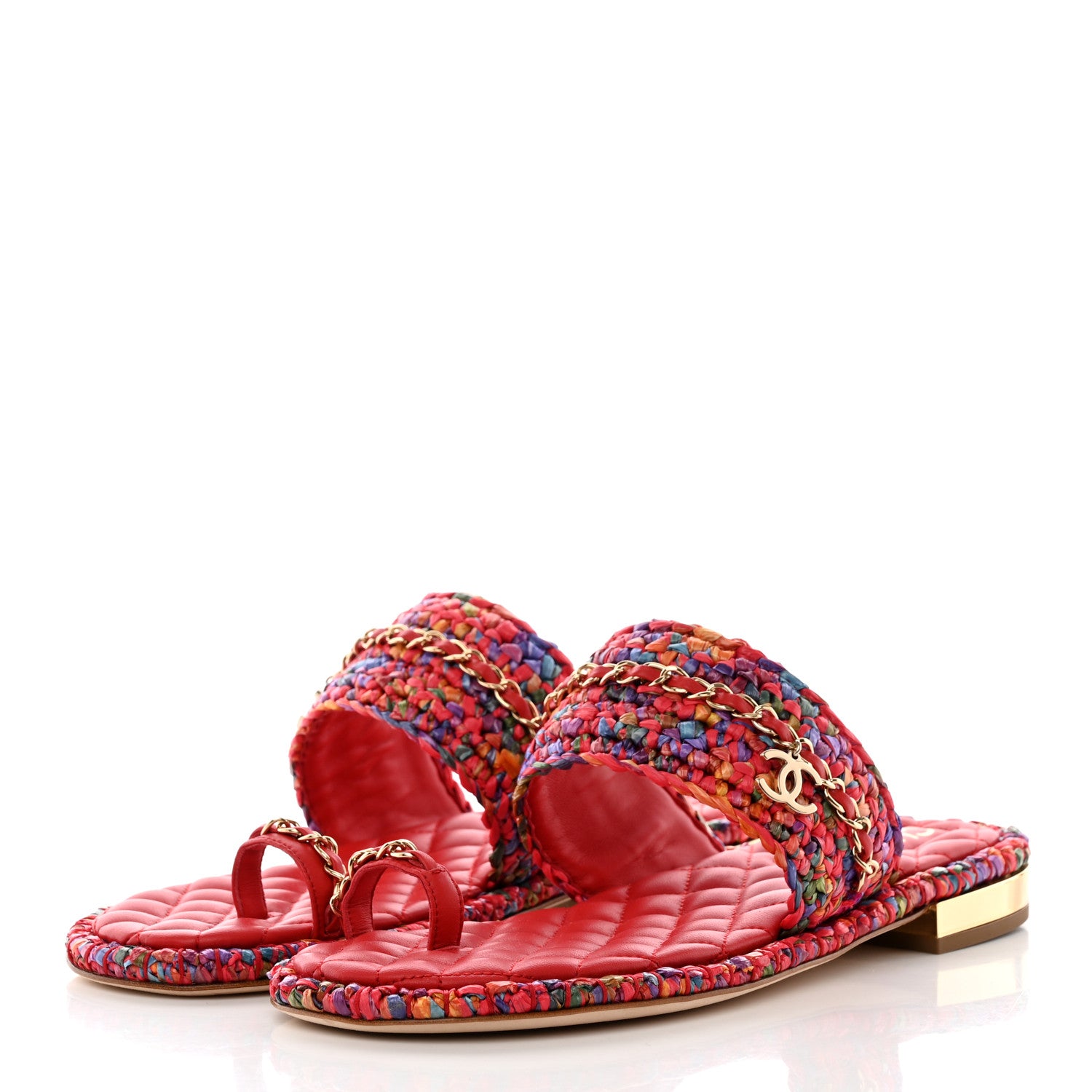 Chanel Raffia Lambskin Woven Chain CC Toe Ring Sandals 40.5 Red Multicolor 3 of 12