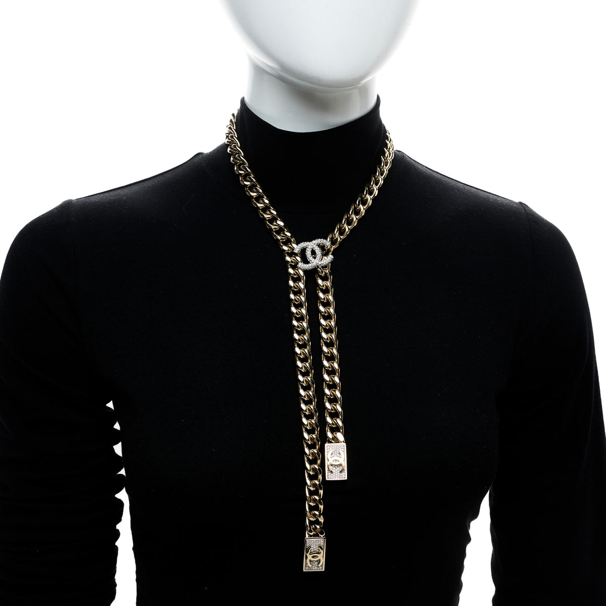 Chain Link Crystal CC Dog Tag Charm Necklace Gold