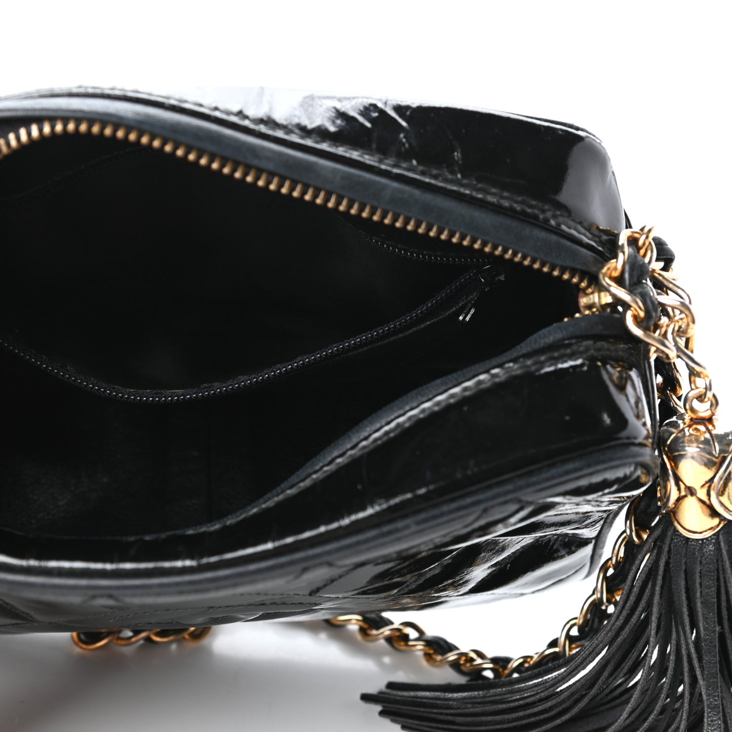 Patent Tassel Quilted Shoulder Bag Black