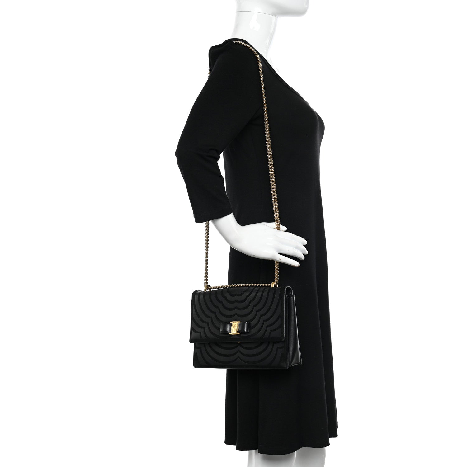 Salvatore Ferragamo Calfskin Suede Vara Bow Chain Flap Crossbody Black 2 of 15