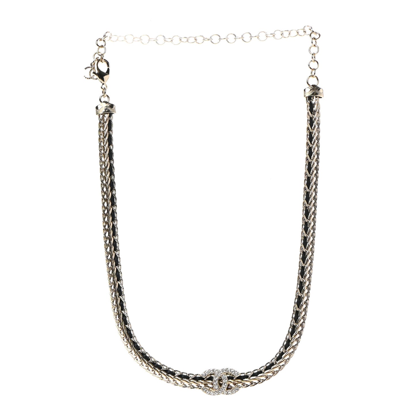 Metal Lambskin Crystal Chain CC Necklace Black Gold