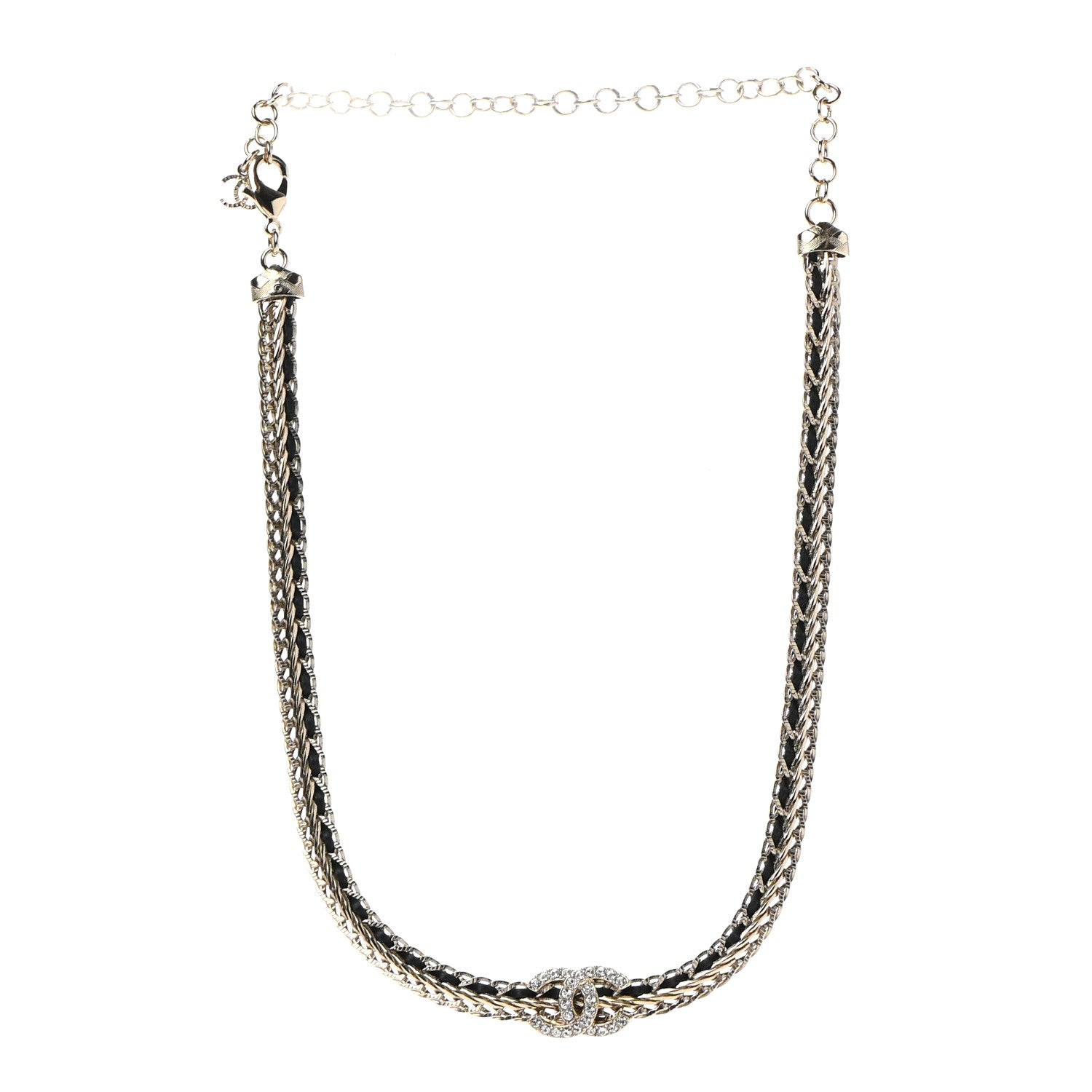 Chanel Metal Lambskin Crystal Chain CC Necklace Black Gold 3 of 7