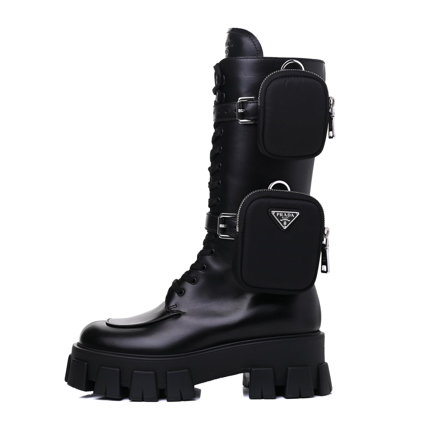 Vitello Lux Nylon Metal Triangle Logo Monolith Pouch Pocket 55mm Tall Combat Boots 37.5 Black