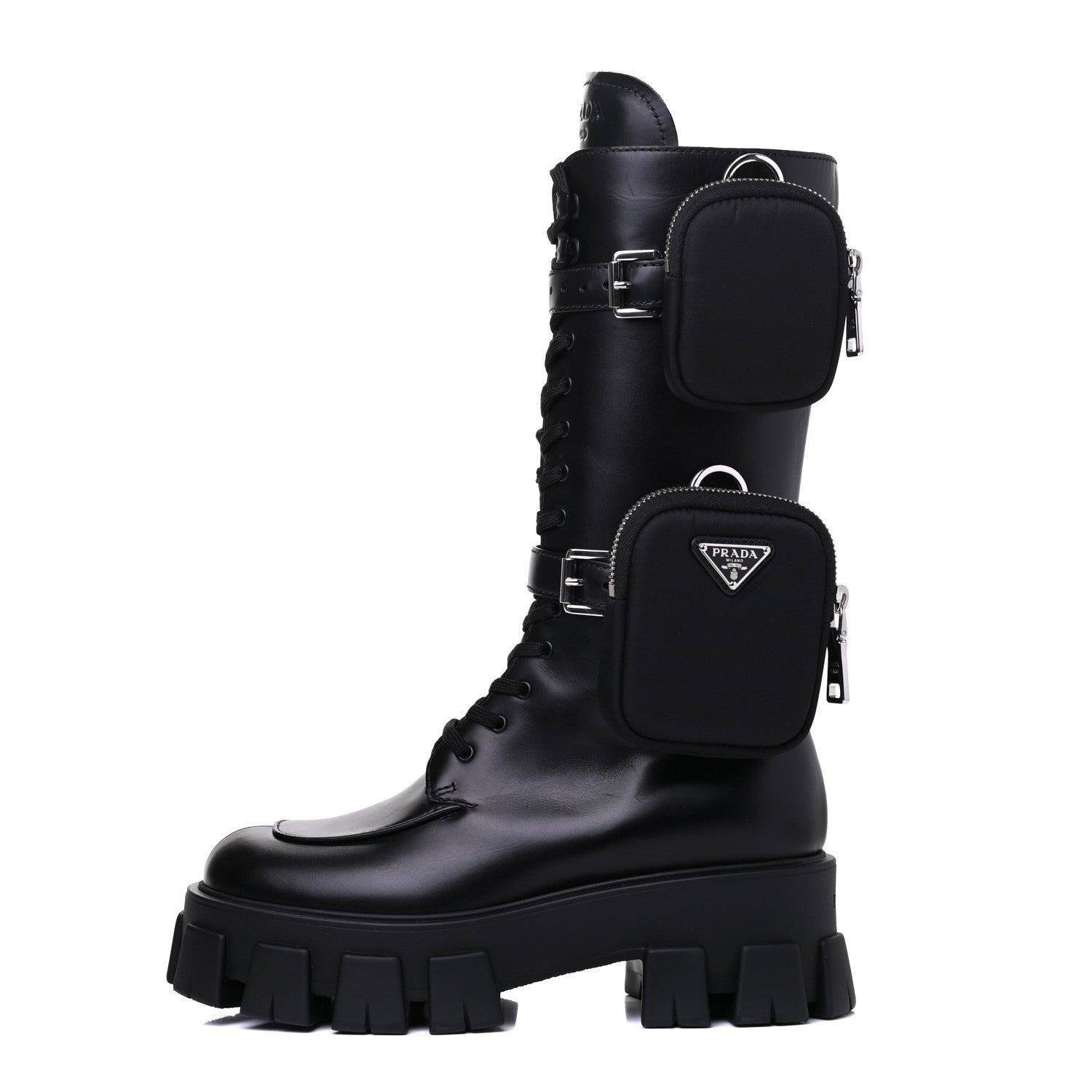 Prada Vitello Lux Nylon Metal Triangle Logo Monolith Pouch Pocket 55mm Tall Combat Boots 37.5 Black 1 of 15