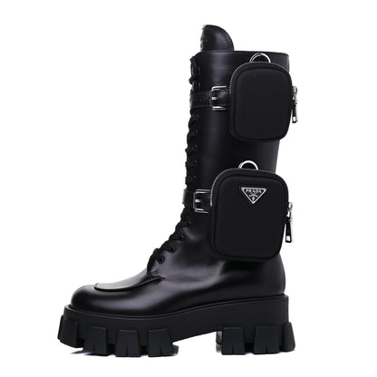 Prada Vitello Lux Nylon Metal Triangle Logo Monolith Pouch Pocket 55mm Tall Combat Boots 37.5 Black 1 of 15
