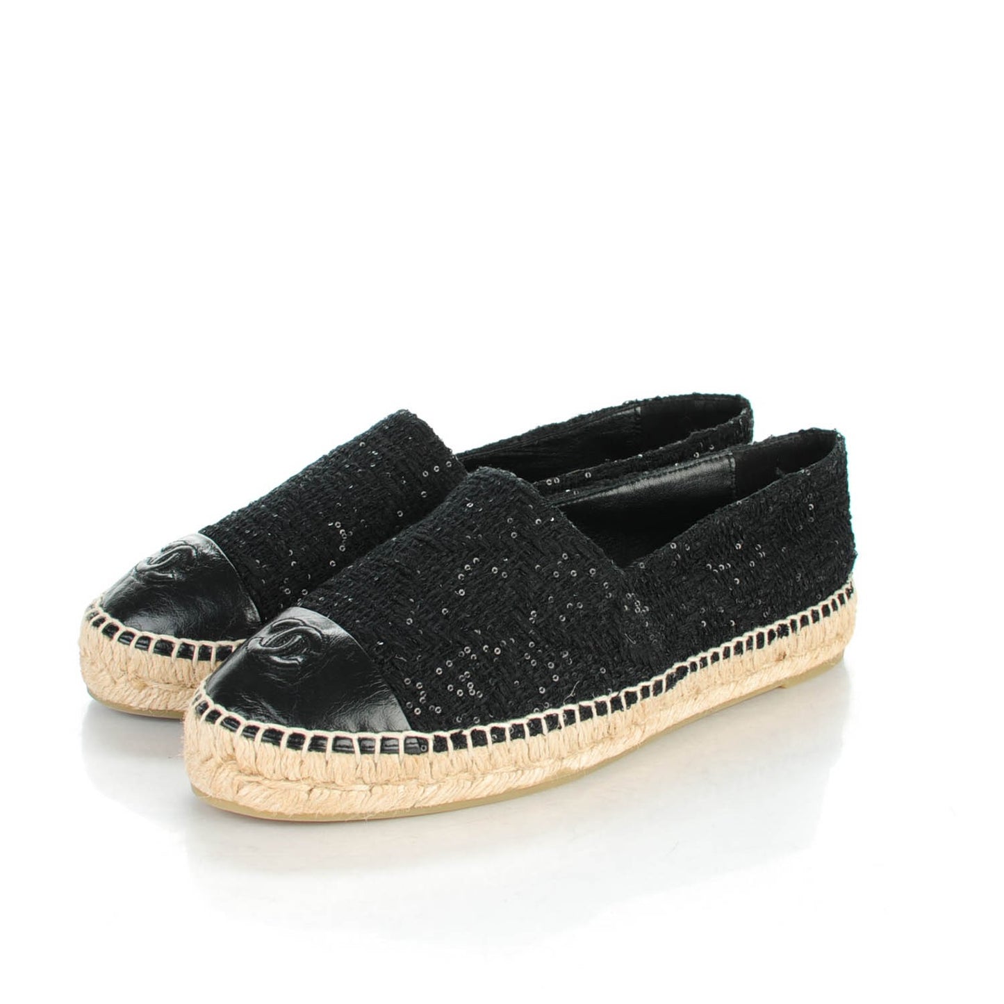 Tweed Patent Goatskin Sequin CC Espadrilles 40 Black