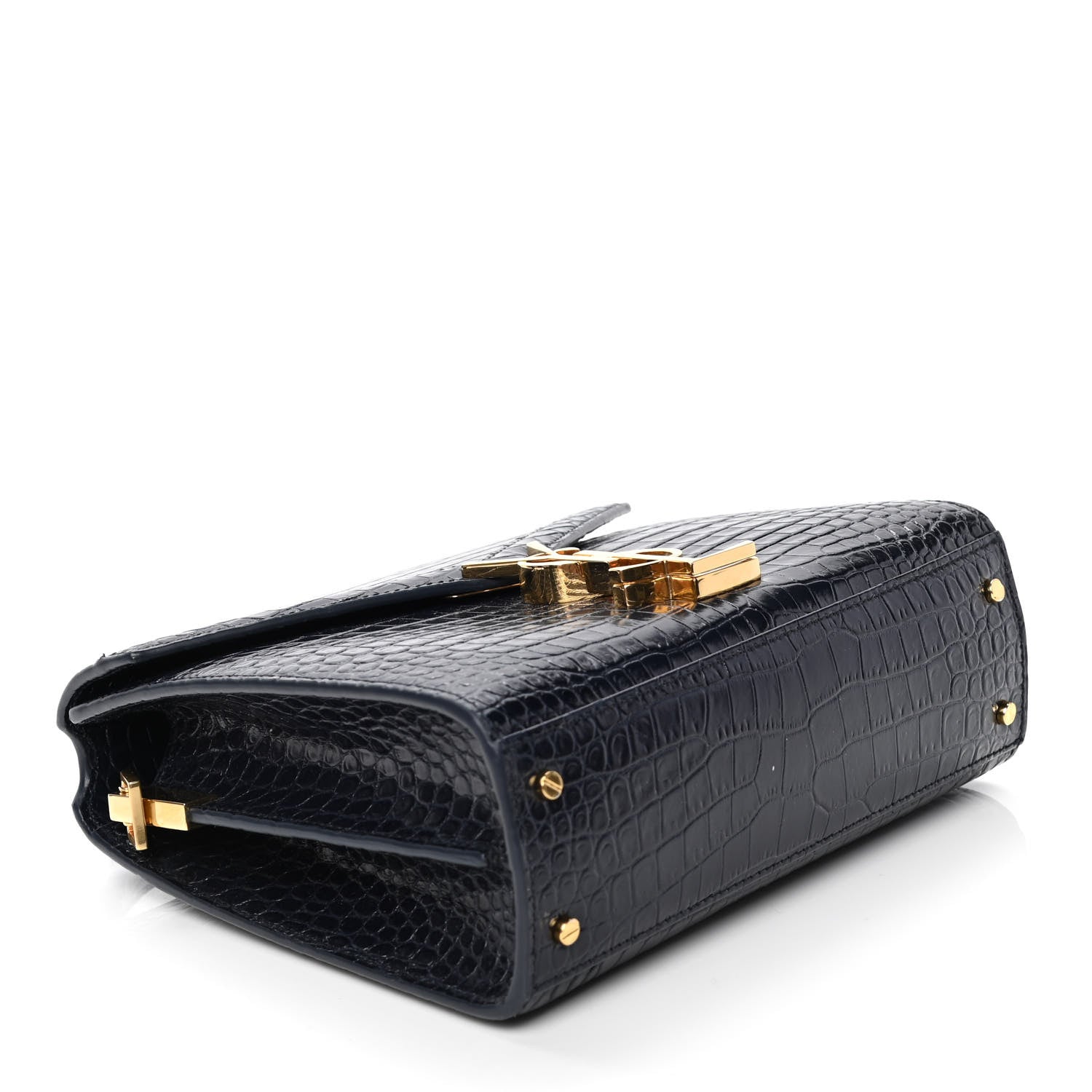 Saint Laurent Calfskin Crocodile Embossed Mini Classic Monogram Cassandra Top Handle Black 3 of 4