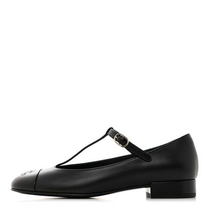 Chanel Calfskin Cap Toe T Strap CC Flats 37 Black 1 of 9