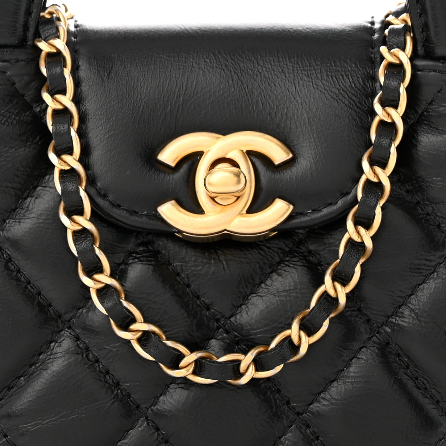 Shiny Aged Calfskin Quilted Mini Nano Kelly Shopper Black
