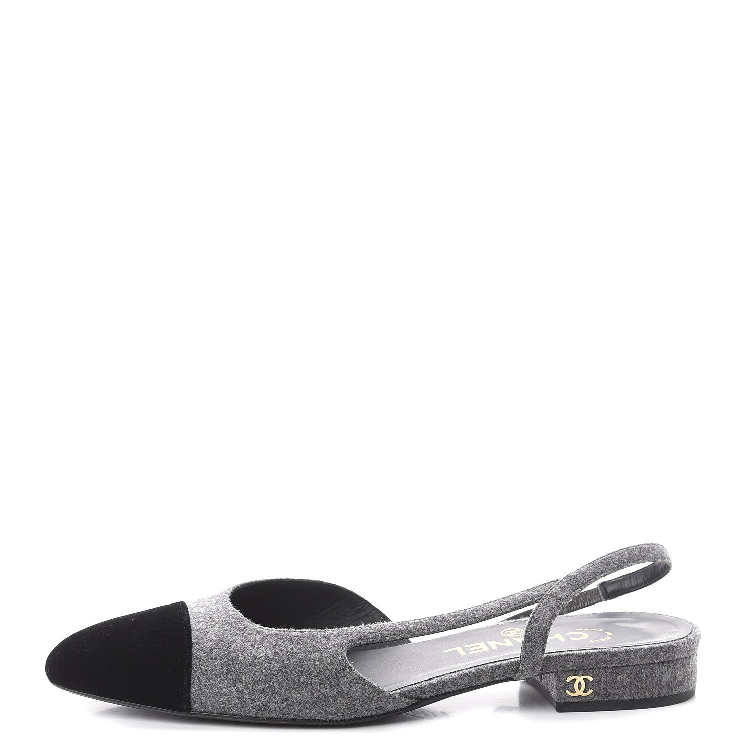 Chanel Wool Velvet Cap Toe CC Slingback Pumps 36.5 Black Grey 1 of 7