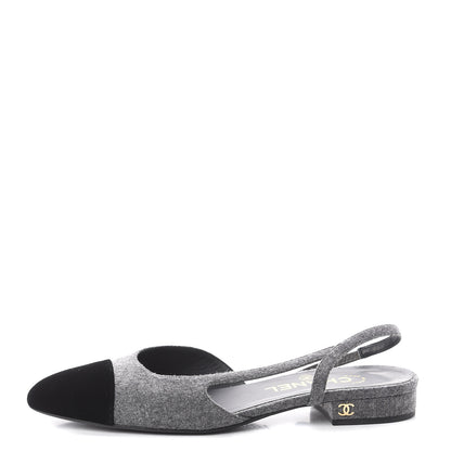 Chanel Wool Velvet Cap Toe CC Slingback Pumps 36.5 Black Grey 1 of 7
