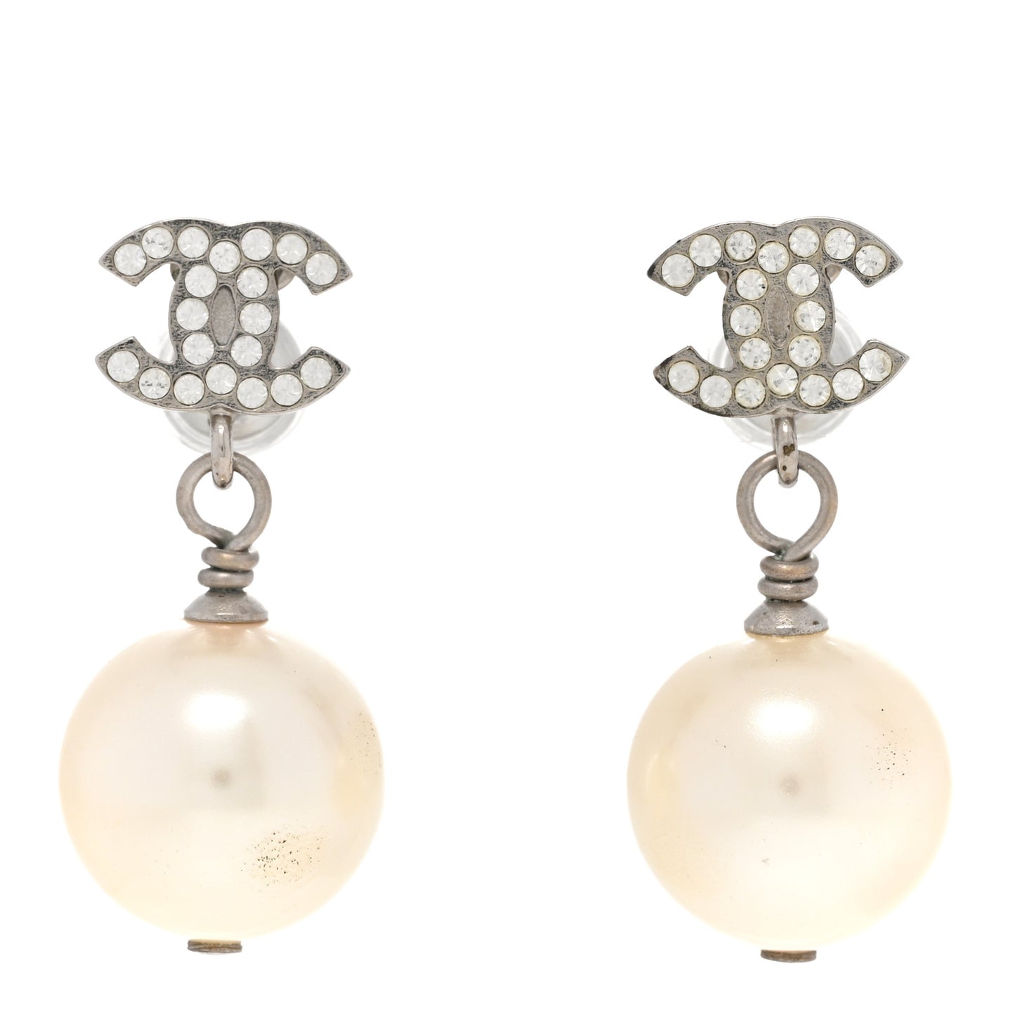 Crystal Pearl CC Drop Earrings Silver Pearly White