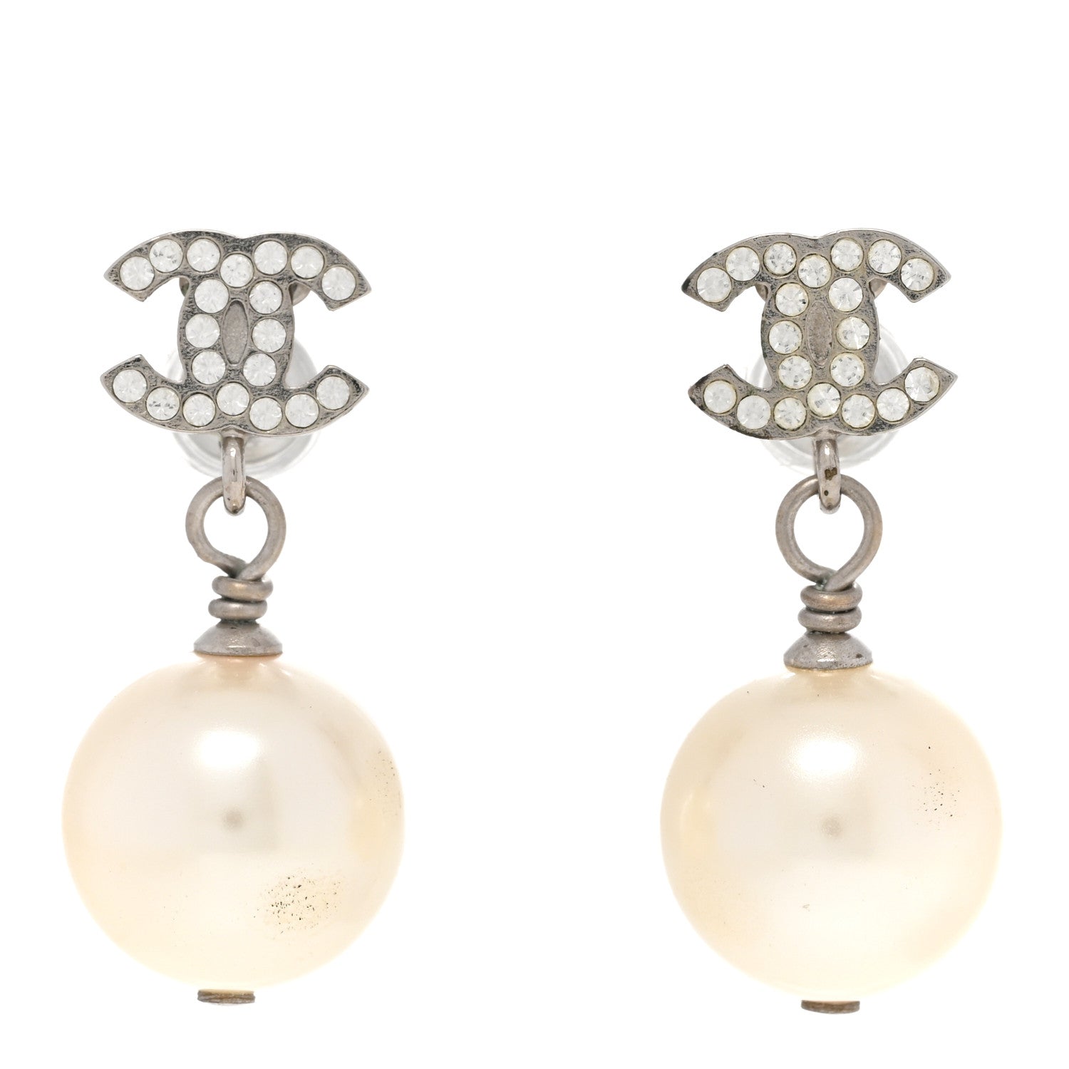 Chanel Crystal Pearl CC Drop Earrings Silver Pearly White 1 of 7