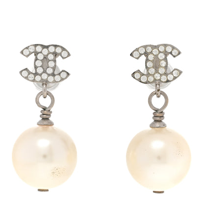 Chanel Crystal Pearl CC Drop Earrings Silver Pearly White 1 of 7