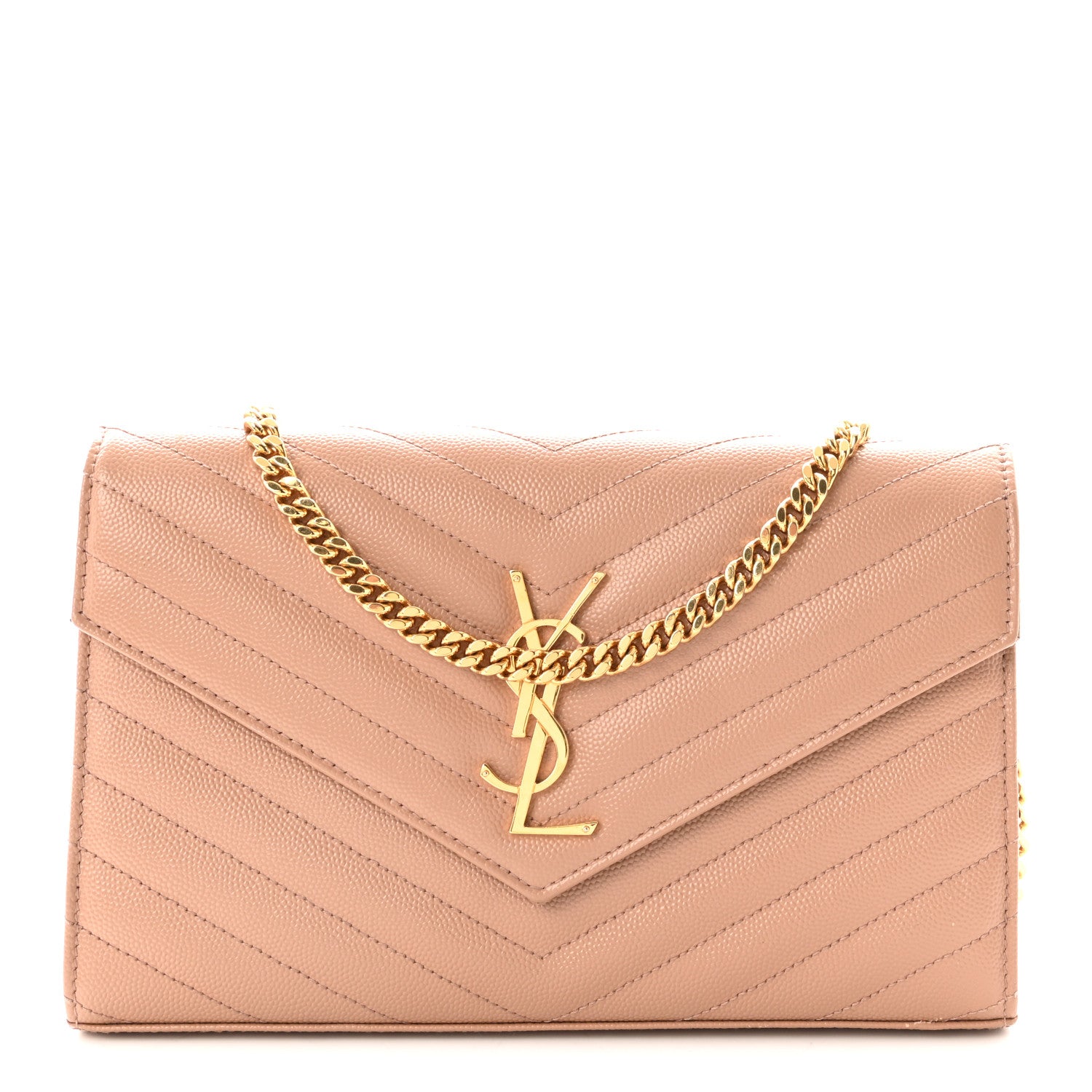 Saint Laurent Grain De Poudre Matelasse Chevron Monogram Chain Wallet Vintage Peach 1 of 9
