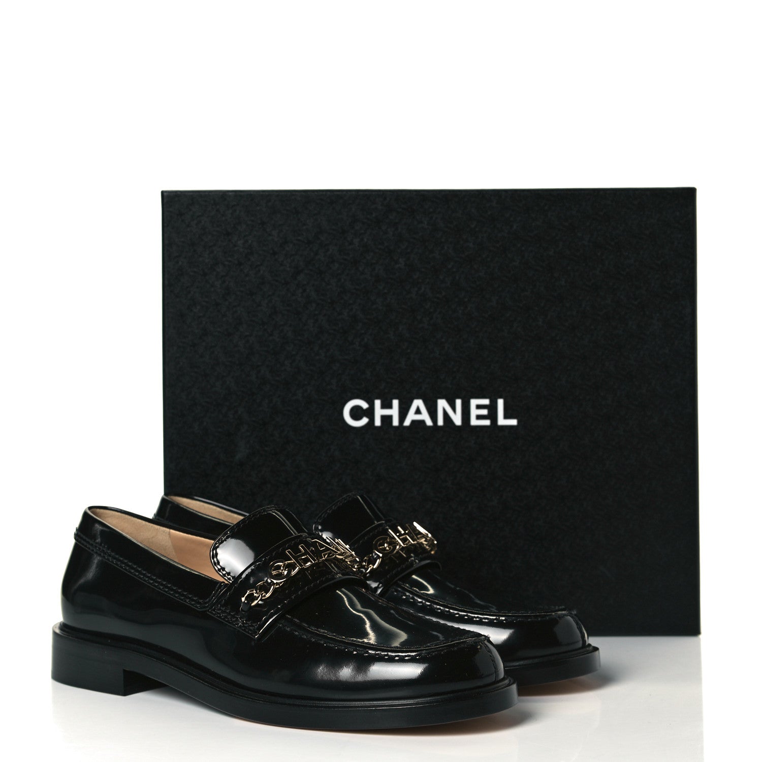 Chanel Shiny Calfskin Logo Loafers 39 Black 10 of 10