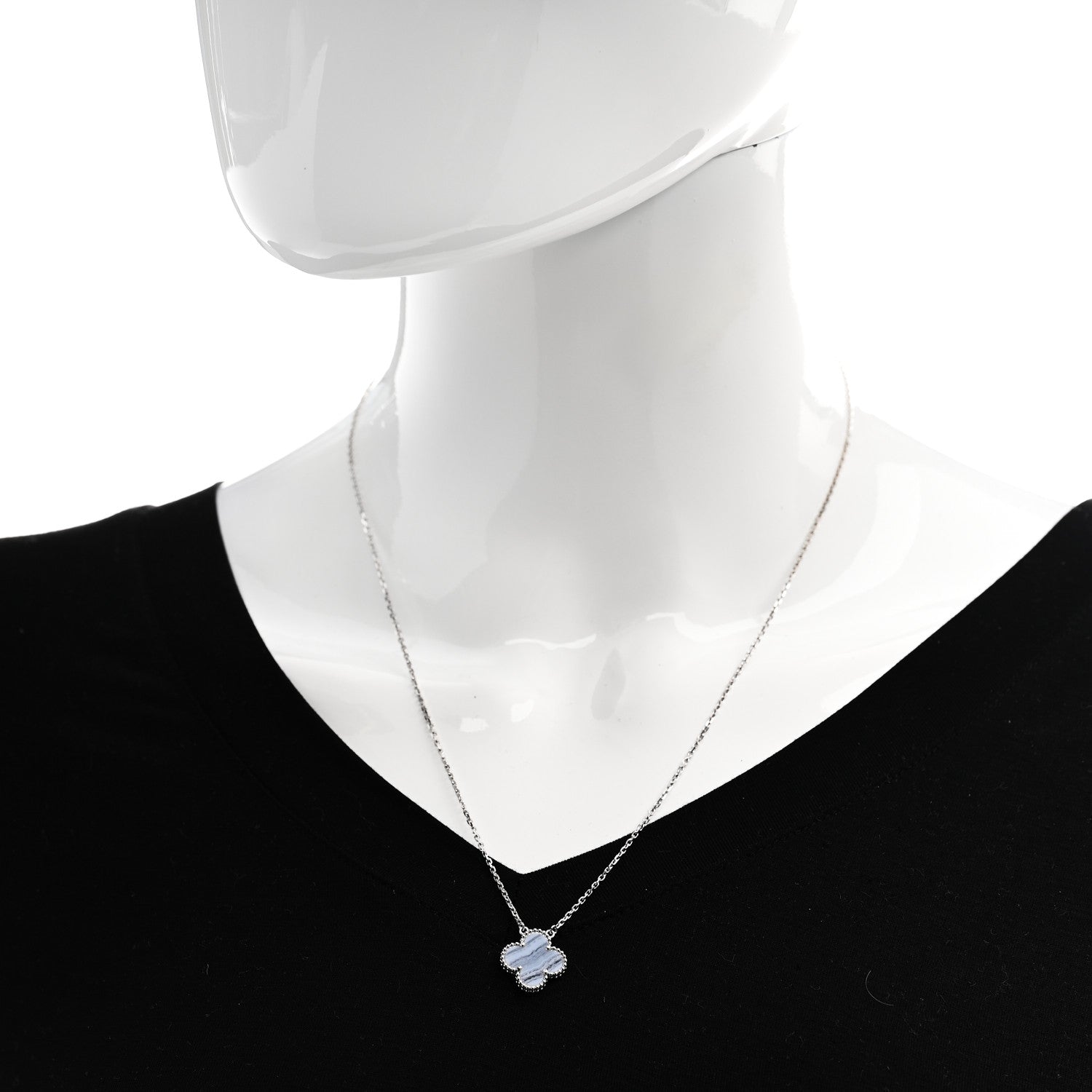 Van Cleef & Arpels 18K White Gold Chalcedony Vintage Alhambra Pendant Necklace 2 of 6