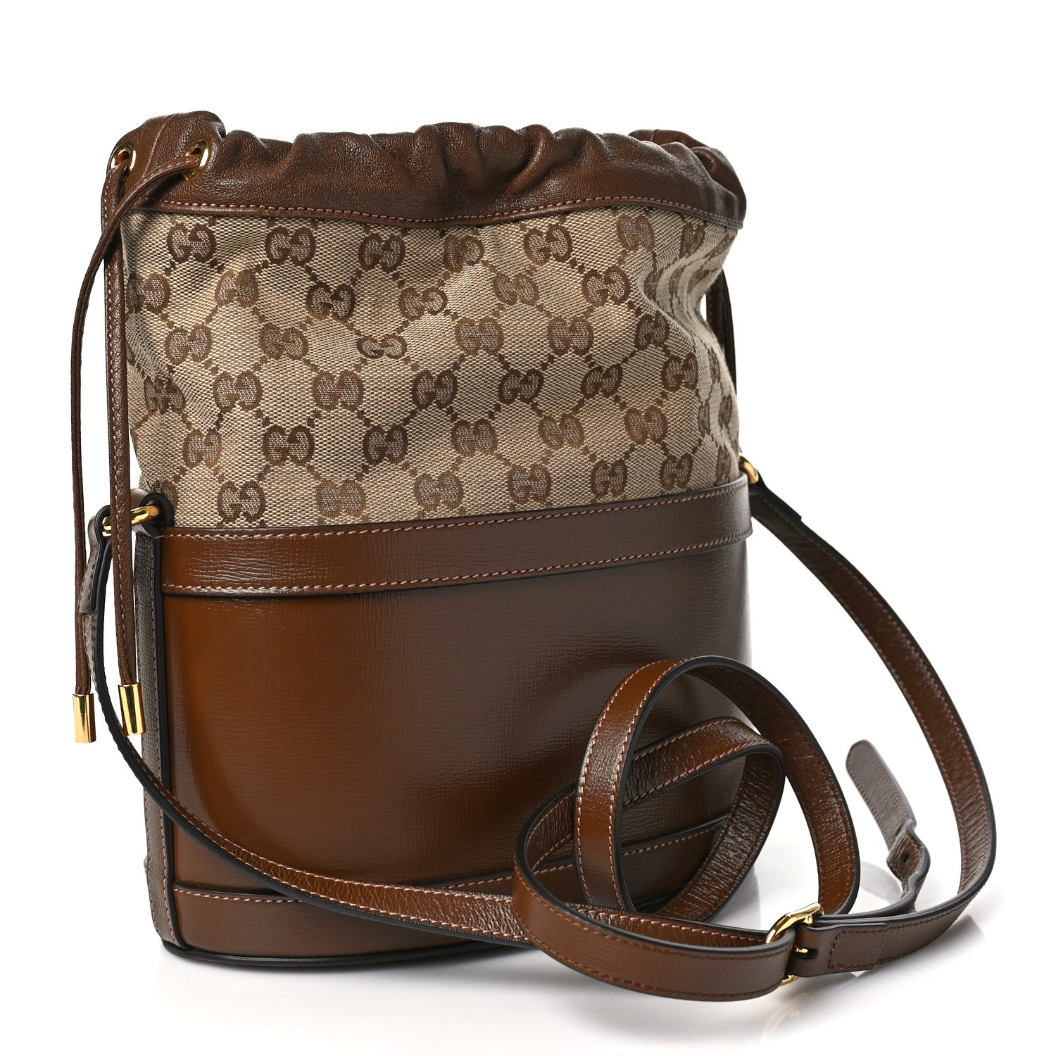 Gucci Monogram Textured Calfskin Horsebit 1955 Drawstring Bucket Bag Beige Brown Sugar 3 of 11