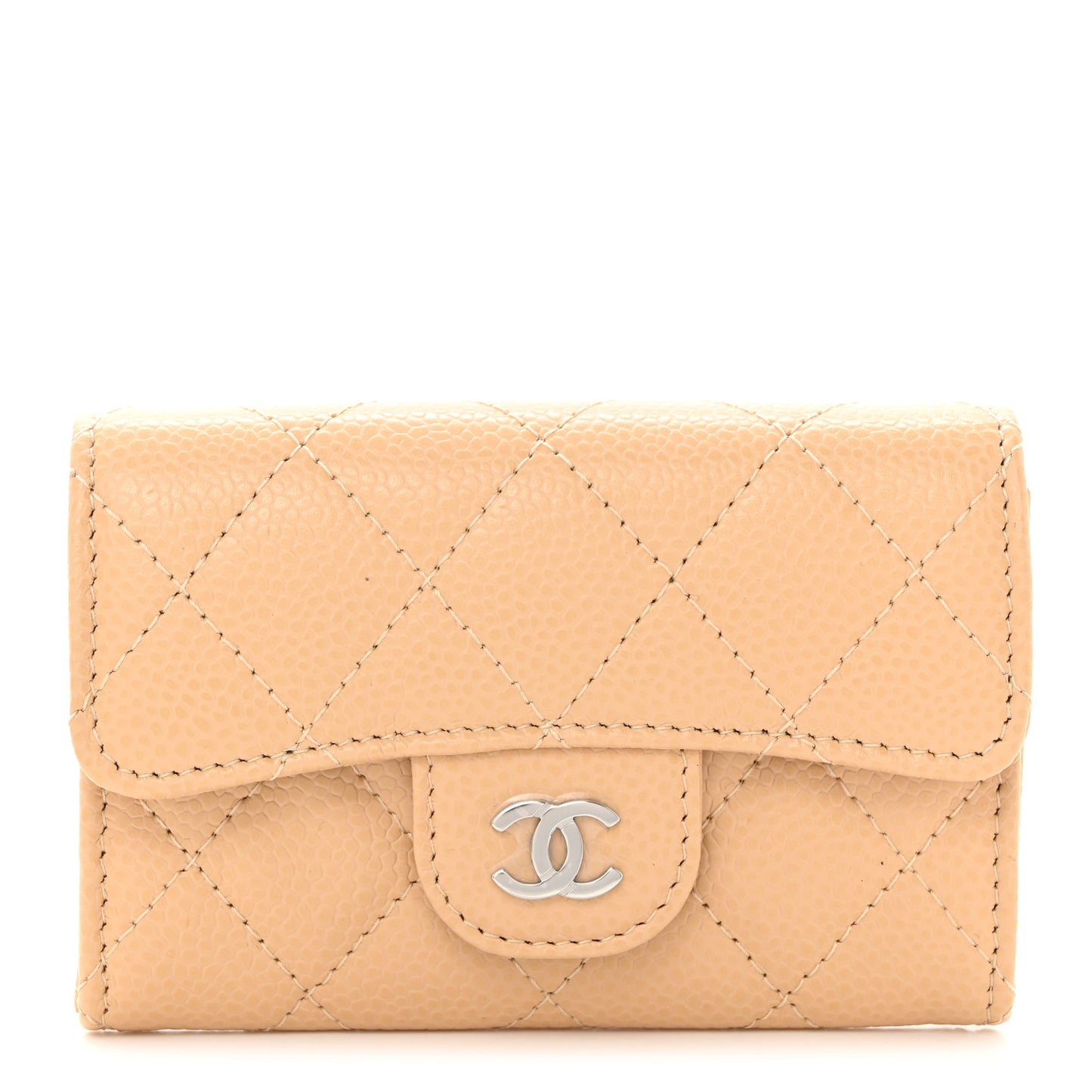 Caviar Quilted Flap Card Holder Wallet Beige