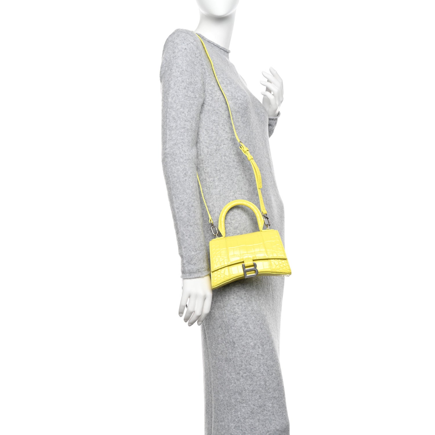 Balenciaga Shiny Calfskin Crocodile Embossed Hourglass Top Handle Bag XS Light Yellow 2 of 10