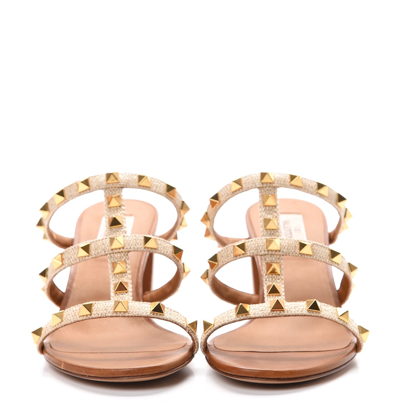 Raffia Calfskin Rockstud 60mm Caged Slide Sandals 38 Naturale