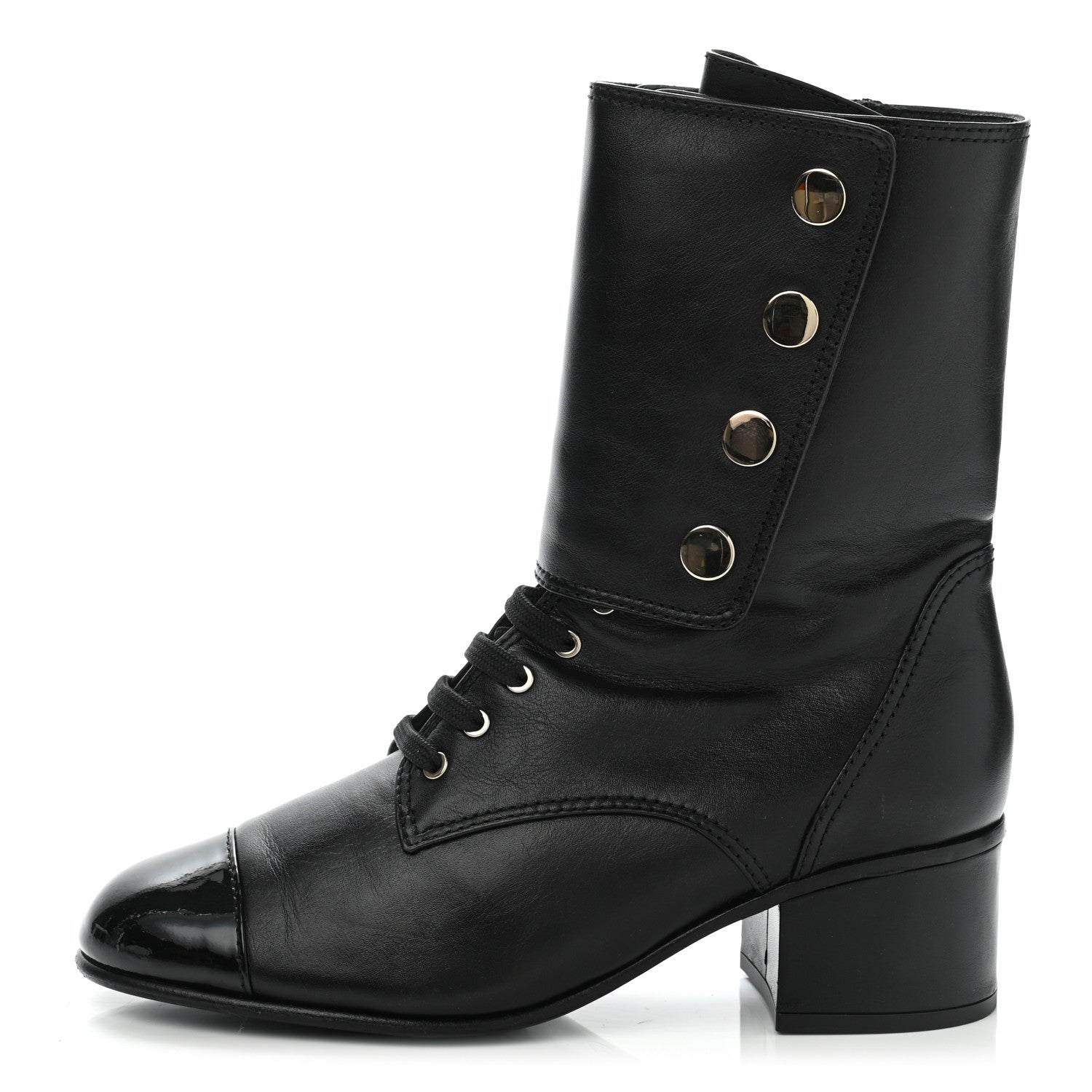 Chanel Calfskin Patent Cap Toe CC Lace Up Boots 40 Black 1 of 16