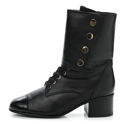 Chanel Calfskin Patent Cap Toe CC Lace Up Boots 40 Black 1 of 16