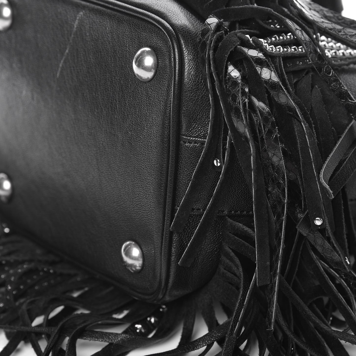 Calfskin Studded Small Emmanuelle Fringe Bucket Bag Black
