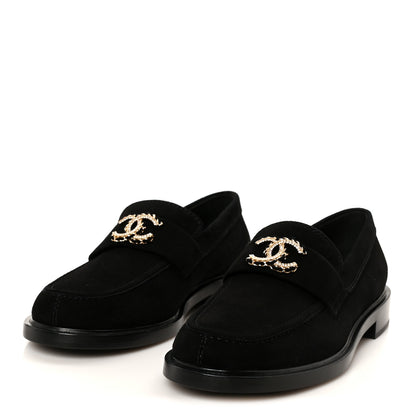 Chanel Suede Kidskin Crystal CC Loafers 38 Black 4 of 11