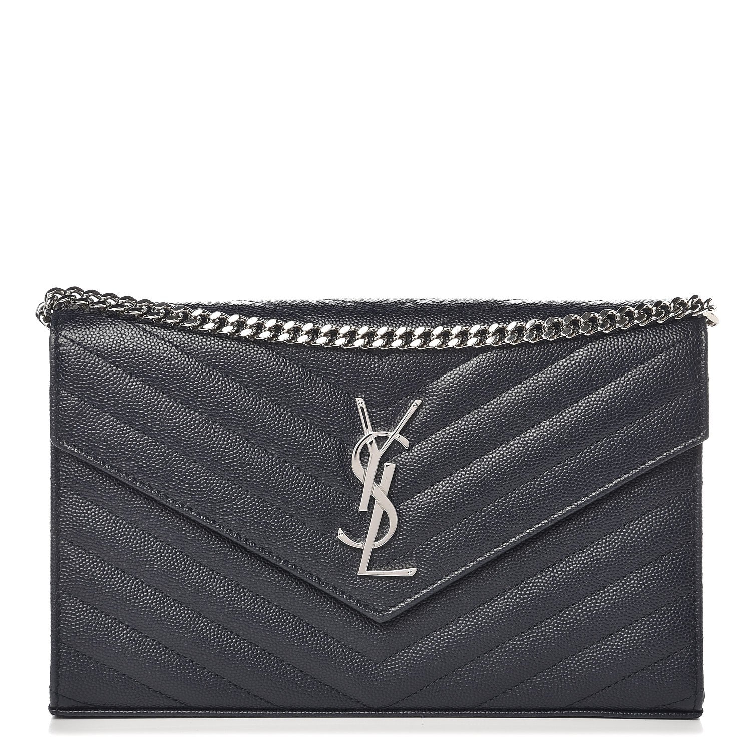 Saint Laurent Grain De Poudre Matelasse Chevron Monogram Chain Wallet Navy 1 of 7