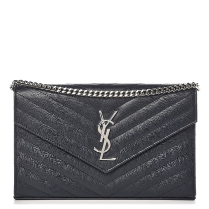 Saint Laurent Grain De Poudre Matelasse Chevron Monogram Chain Wallet Navy 1 of 7