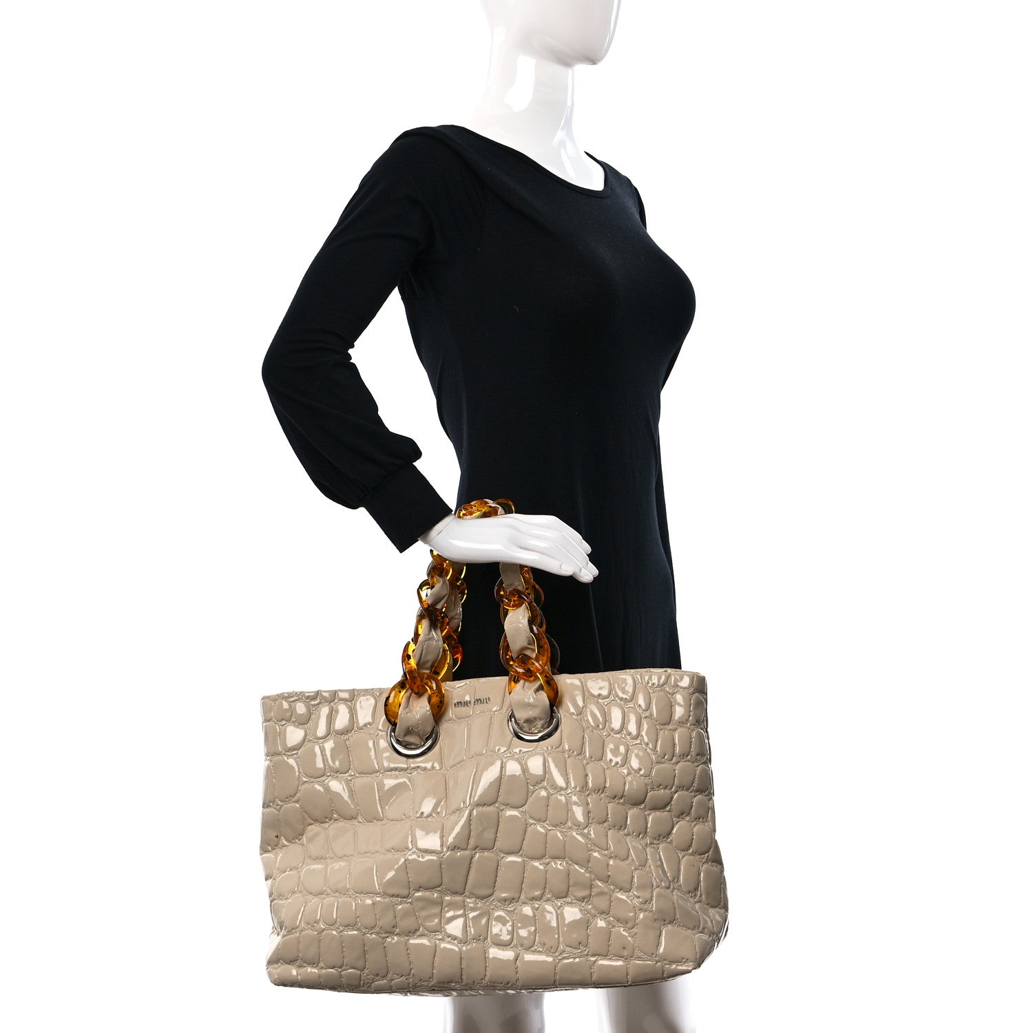 Miu Miu Vernice Alligator Embossed Shoulder Bag Sabbia 3 of 11