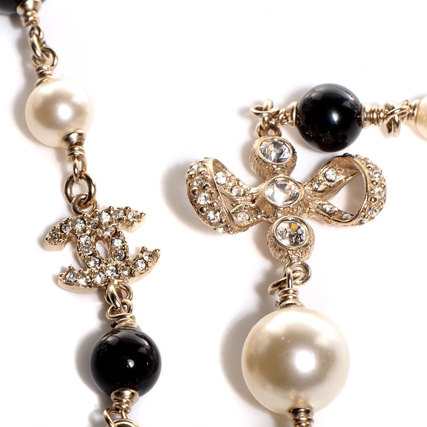 Pearl Crystal Bow CC Necklace Gold
