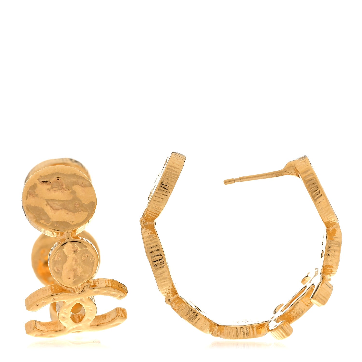 Chanel Metal Textured Disc CC Hoop Earrings Gold 1 of 5