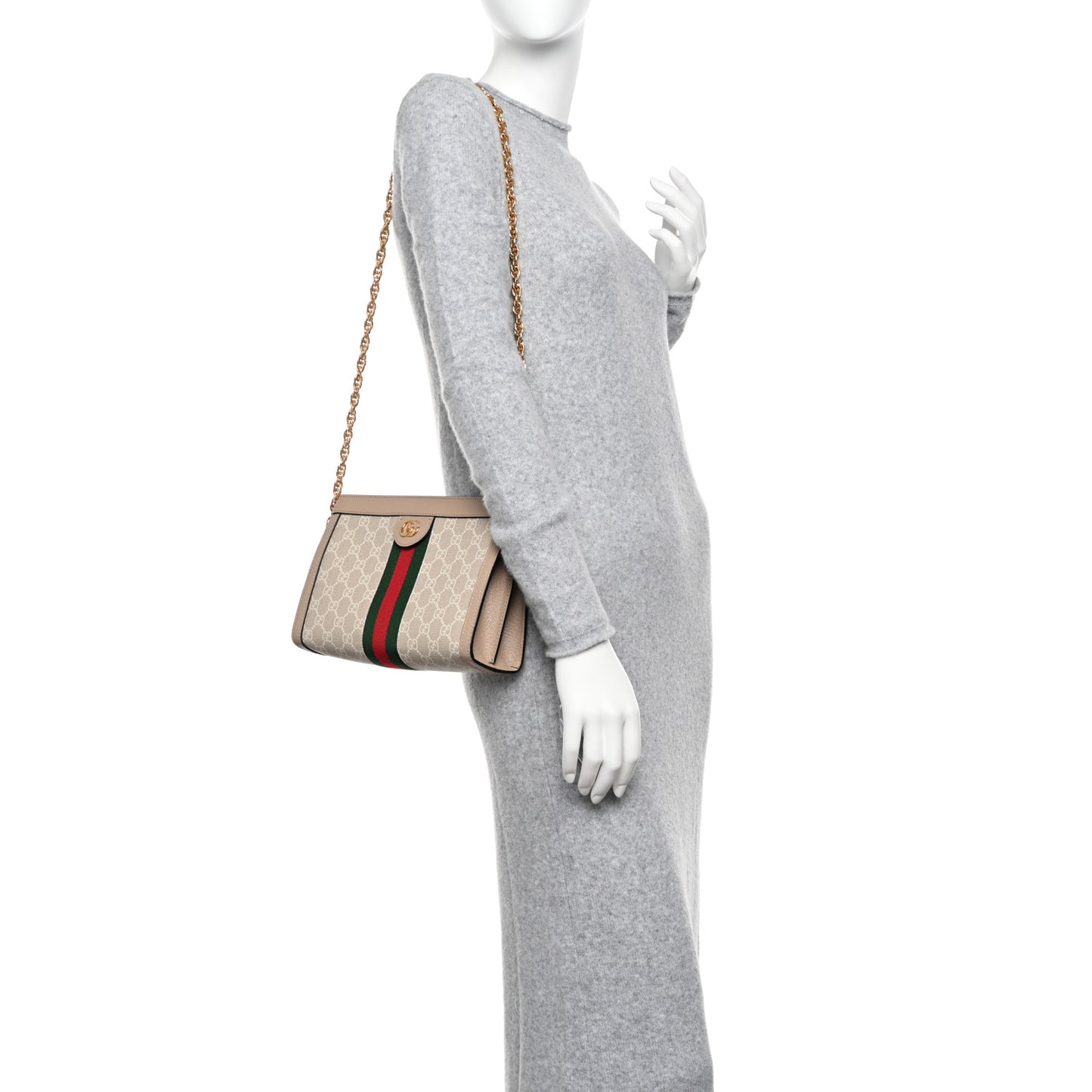 GG Supreme Monogram Textured Dollar Calfskin Web Small Ophidia Chain Shoulder Bag Beige Mystic White Oatmeal